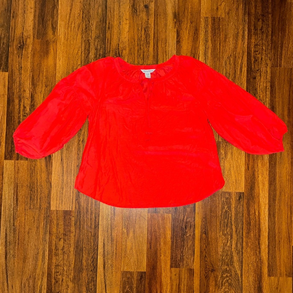 Tommy Bahama Womens Red Silk Blend 3/4 Balloon Sleeve Peasant Blouse Size M